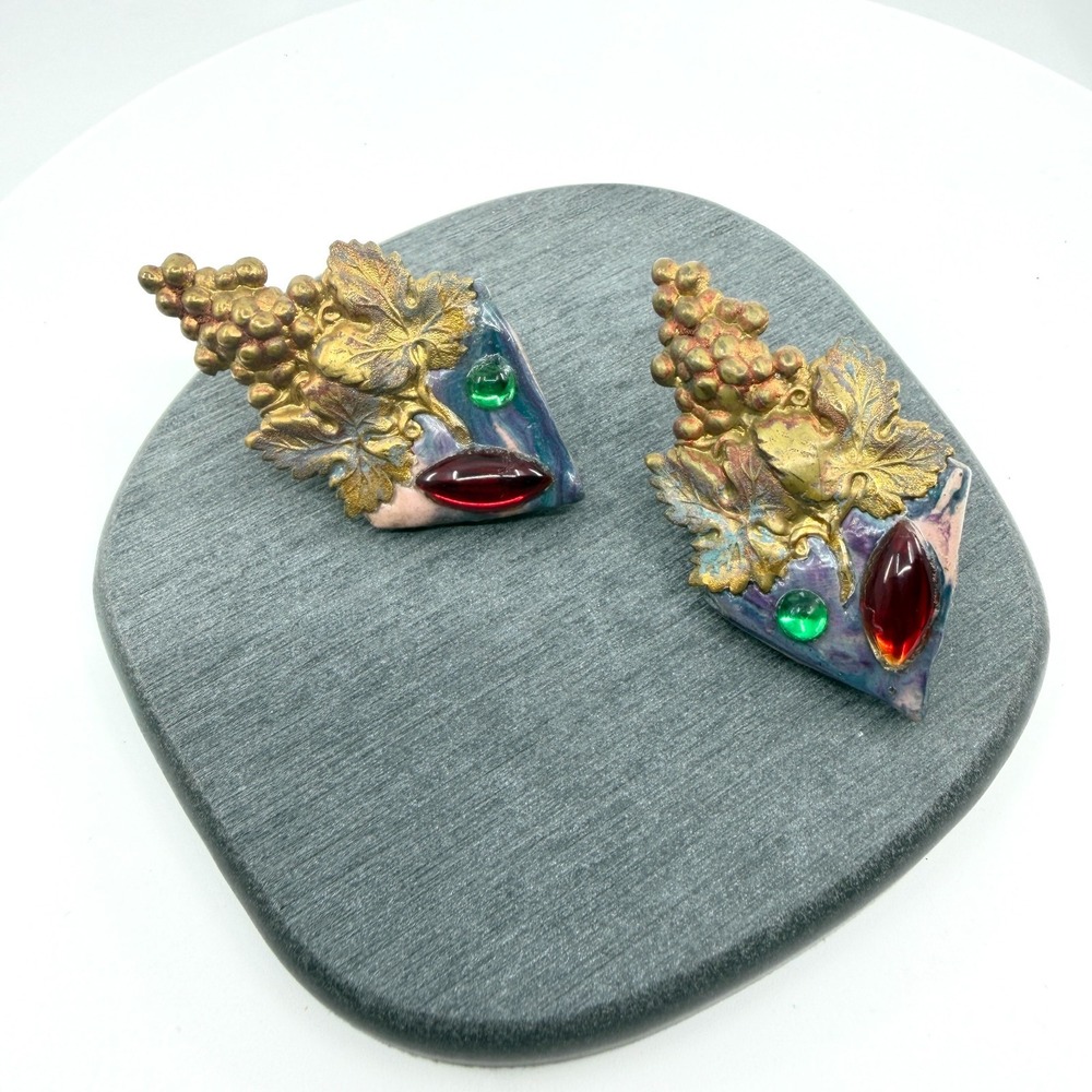Gold Tone Grape Cluster Clip On Earrings Red Green Cabochon Artisan Statement